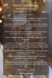 Réservez votre table le vendredi 28 Avril 2023 pour venir passer un magnifique moment autour du menu Champagne proposé par le SKAB et le Chef