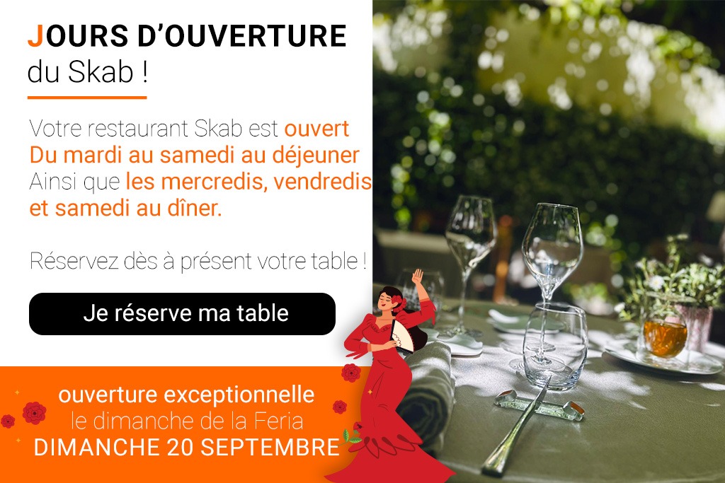 Jours d'ouverture du restaurant étoilé Skab à Nîmes. Ouvert le dimanche de la Féria